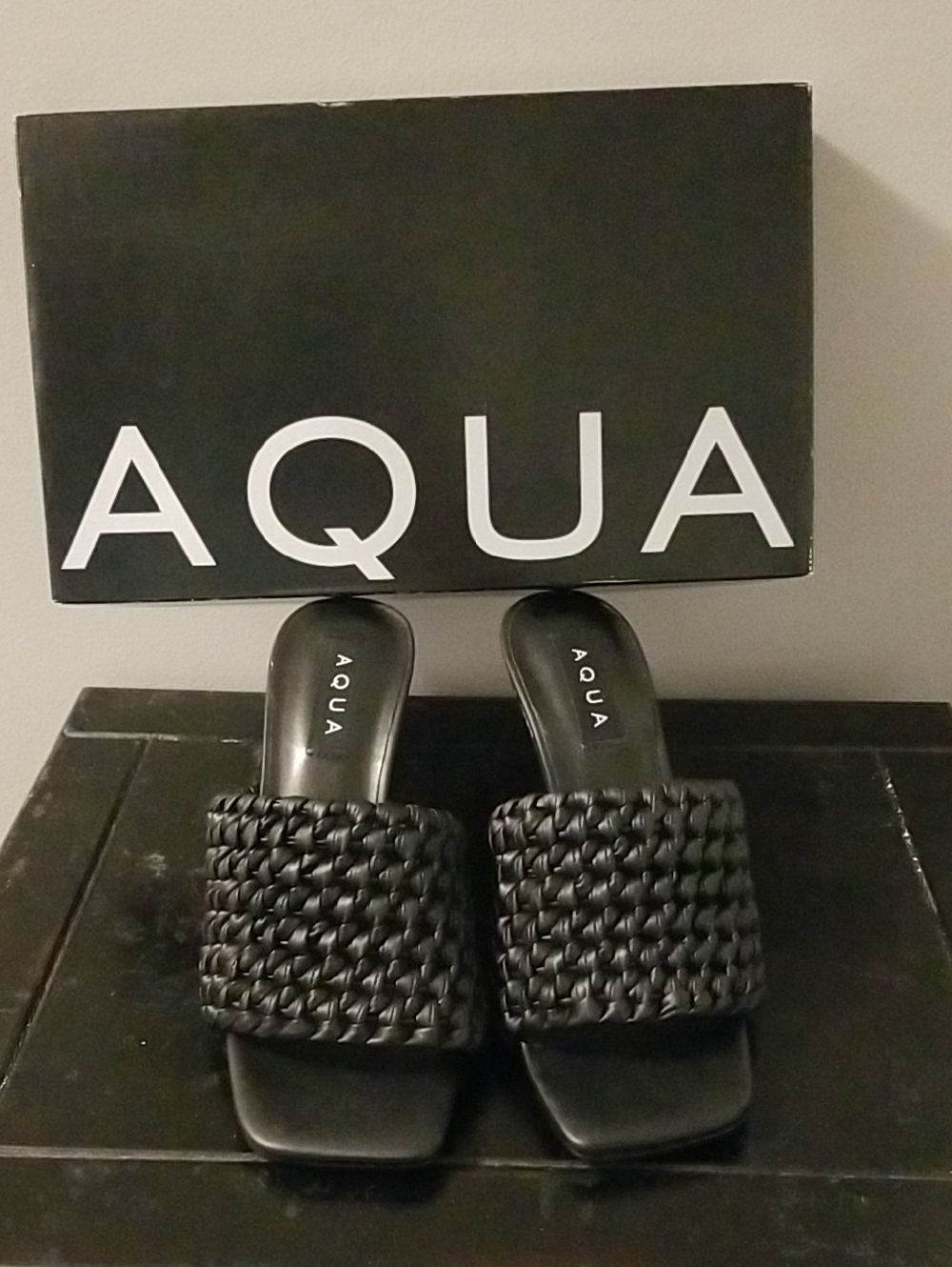 Aqua Black Braided High Heel Slide Sandals..SIZE 7.5...Gently worn. still in box
